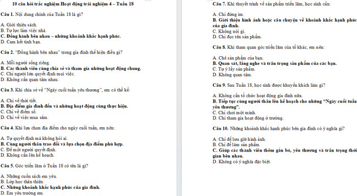 Trắc nghiệm Hoạt động trải nghiệm 4 Tuần 9