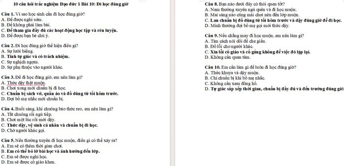 10 câu hỏi trắc nghiệm Đạo đức 1 Bài 10: Đi học đúng giờ