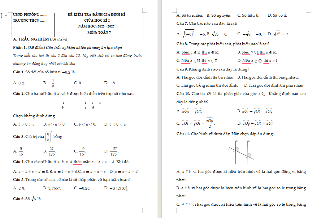 Đề kiểm tra giữa học kì 1 Toán 7 theo CV 7991