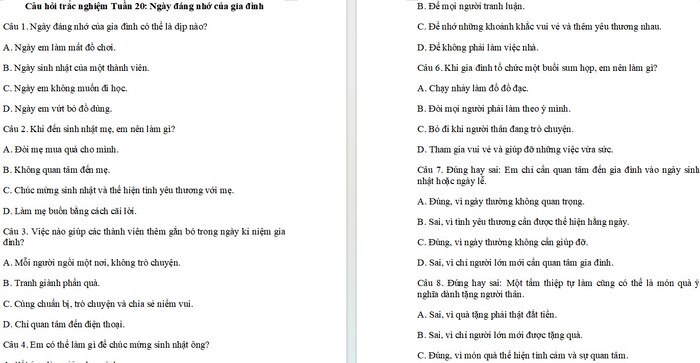 Trắc nghiệm Hoạt động trải nghiệm 2 Tuần 20: Ngày đáng nhớ của gia đình