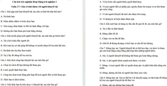 Trắc nghiệm Hoạt động trải nghiệm 2 Tuần 27: Chia sẻ khó khăn với người khuyết tật
