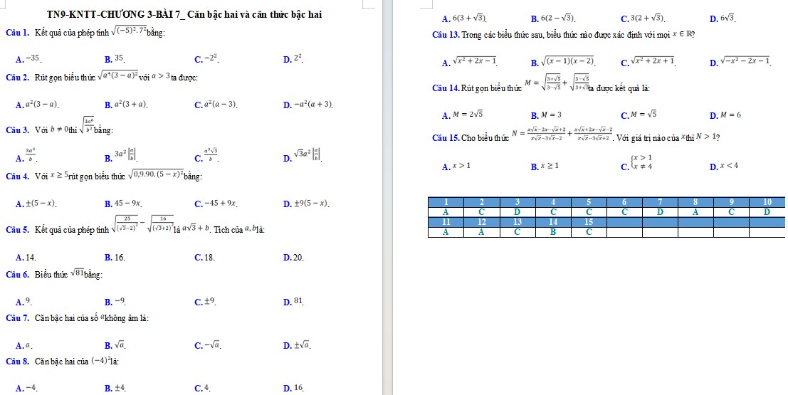 Trắc nghiệm Toán 9 Bài 7