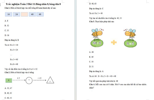 Trắc nghiệm Toán 3 Bài 11: Bảng nhân 8, bảng chia 8